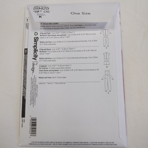 Simplicity S9425 Pajamas for American Girl Doll & 18" dolls. 3 styles - Picture 4 of 4